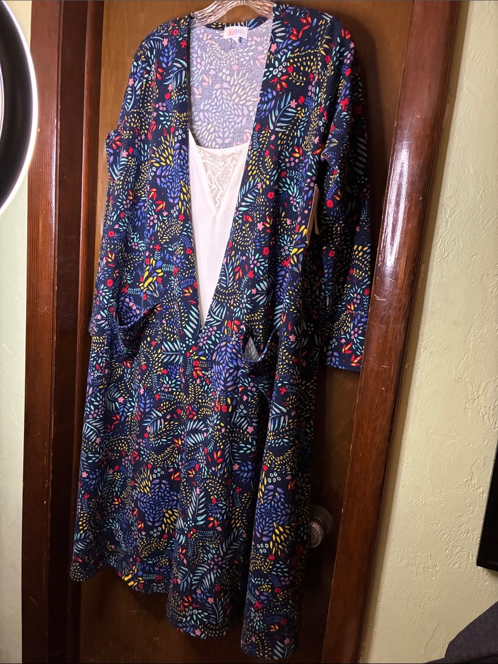 Lularoe “Sarah” Navy Floral Open Cardigan with Colorful Leaf Print